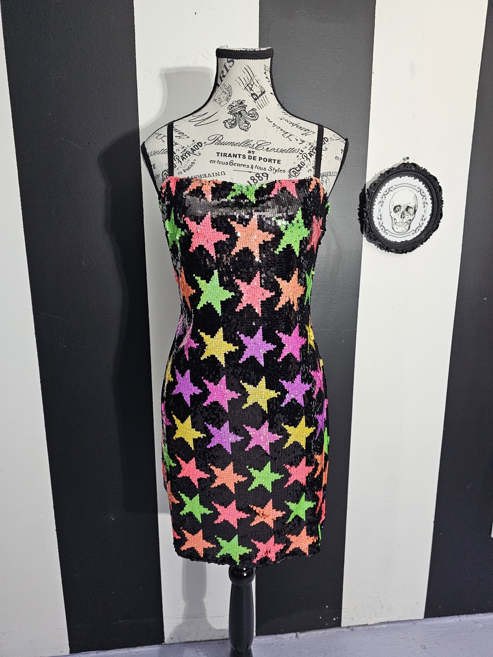 Banjul Black Sequin Mini Dress with Neon Star Print